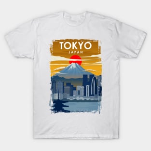 Japan Tokyo Mount Fuji Cityscape Vintage Minimal Travel Poster T-Shirt